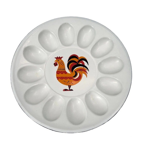 Vintage Mid Century Deviled Egg Plate Platter Rooster Lacquer Ware 10" - Picture 1 of 5